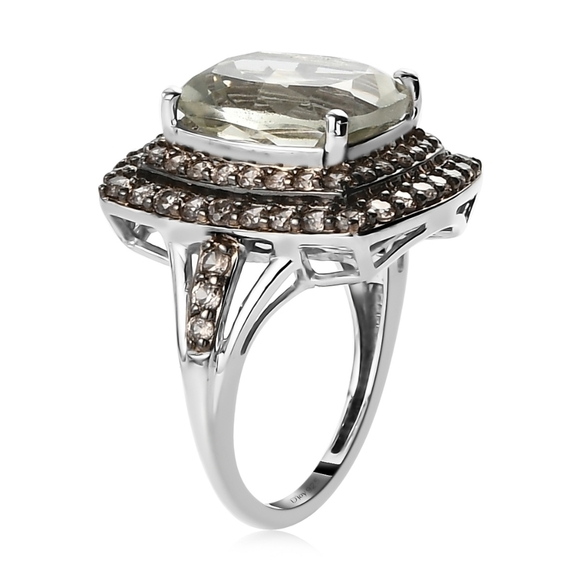 Montezuma Prasiolite & Coffee Zircon Double Halo Ring – Platinum over 925 Sz 7 - Picture 4 of 10
